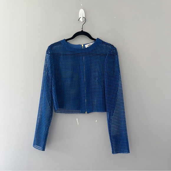 Diane Von Furstenberg Blue Mesh Top Cropped Exposed Zipper Size 10 - Picture 1 of 4